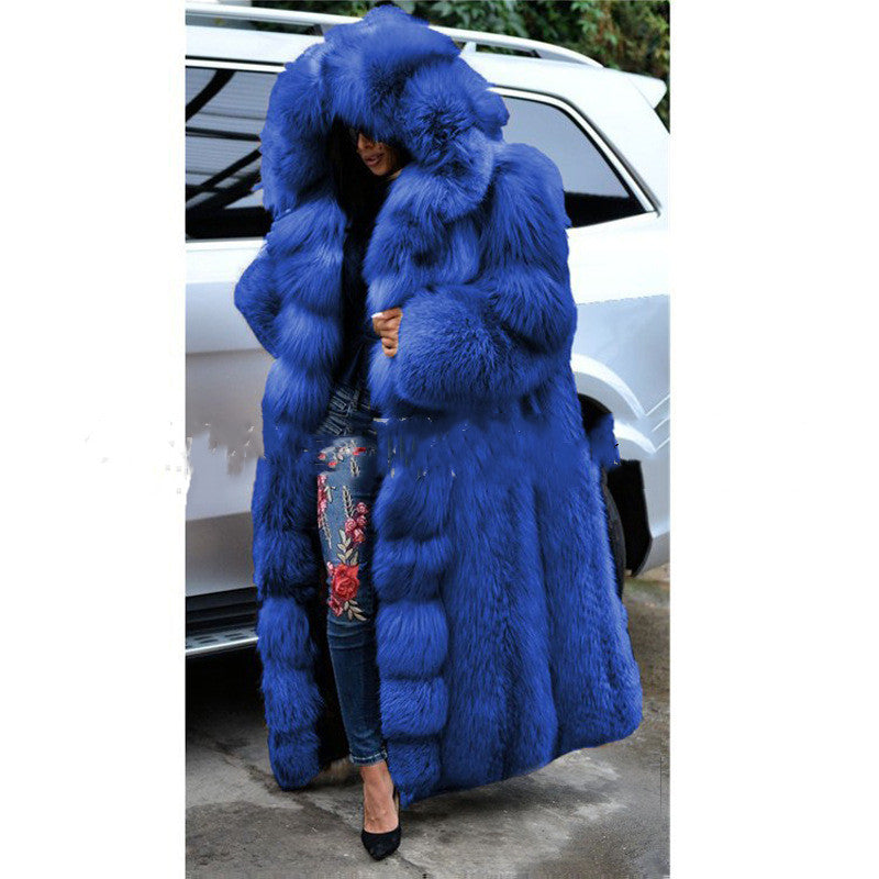 Faux Fur Coat Women Long Hooded Fur Coat - Apricot/Black