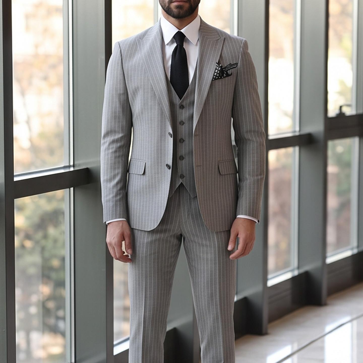 Mens Striped Business Suit Set - Gray