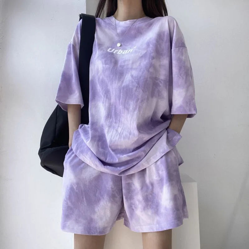 Women Loose T-Shirt Shorts Suit Set Casual Tie Dye