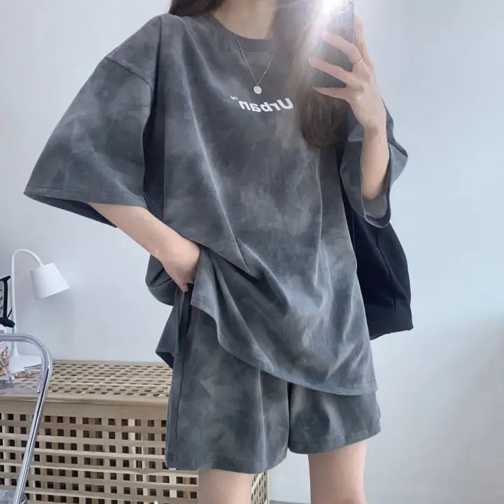 Women Loose T-Shirt Shorts Suit Set Casual Tie Dye