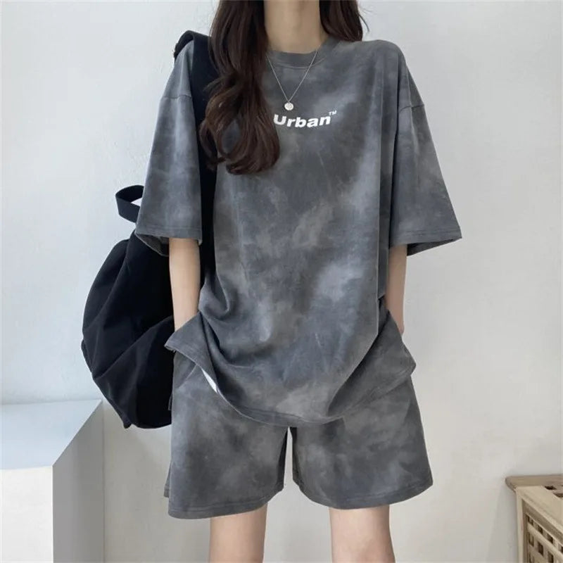 Women Loose T-Shirt Shorts Suit Set Casual Tie Dye