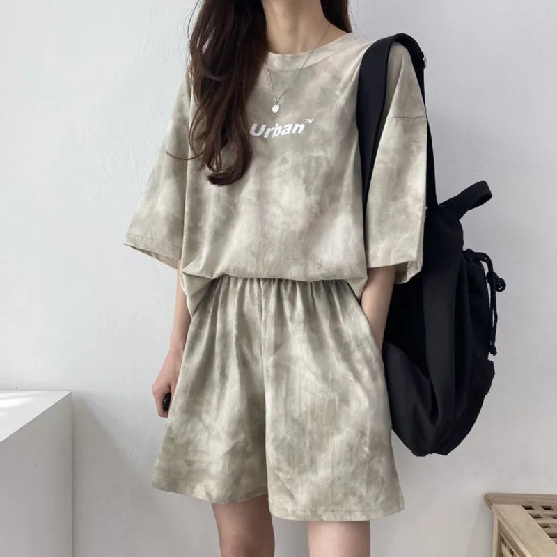 Women Loose T-Shirt Shorts Suit Set Casual Tie Dye