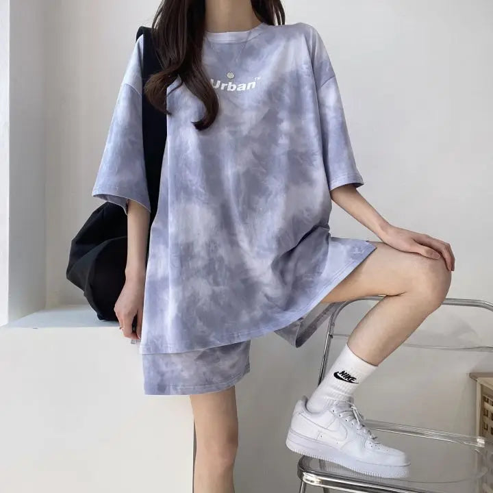 Women Loose T-Shirt Shorts Suit Set Casual Tie Dye