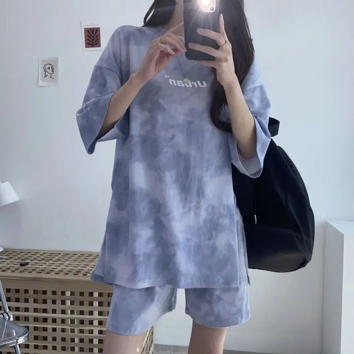 Women Loose T-Shirt Shorts Suit Set Casual Tie Dye