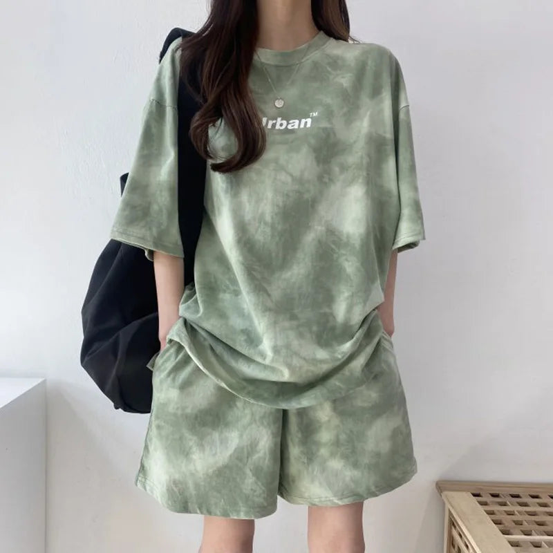 Women Loose T-Shirt Shorts Suit Set Casual Tie Dye