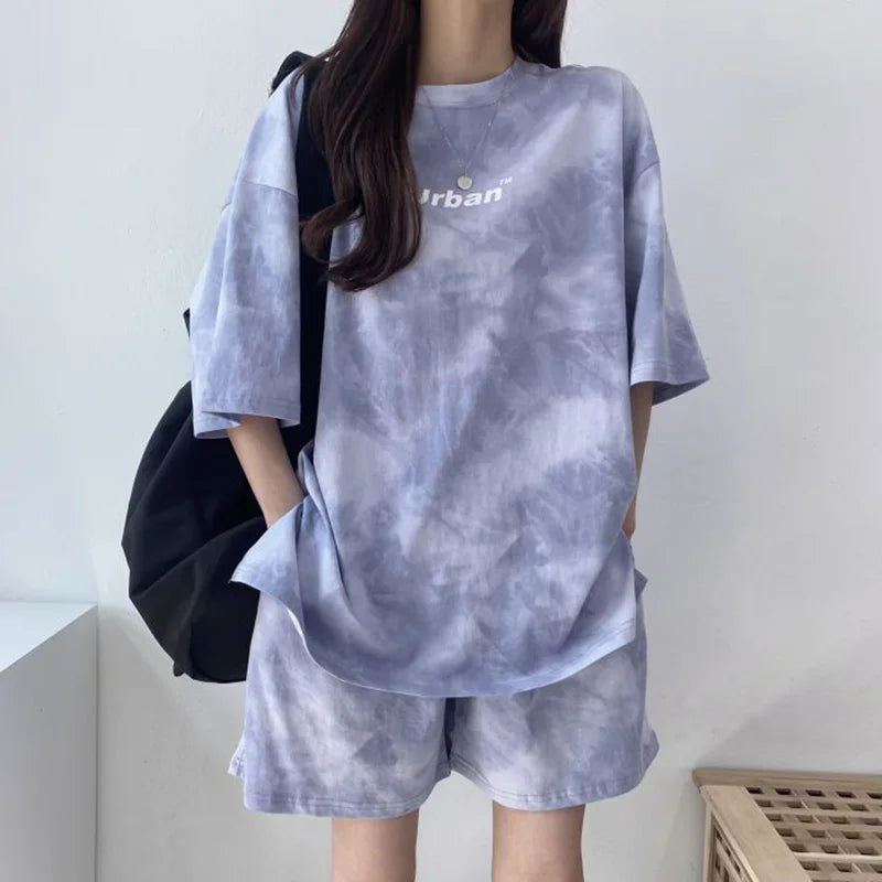 Women Loose T-Shirt Shorts Suit Set Casual Tie Dye