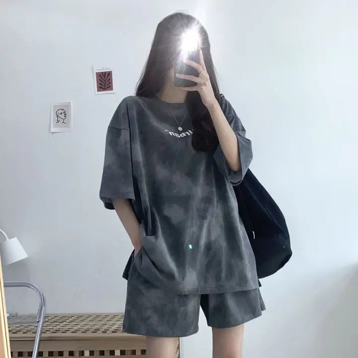 Women Loose T-Shirt Shorts Suit Set Casual Tie Dye