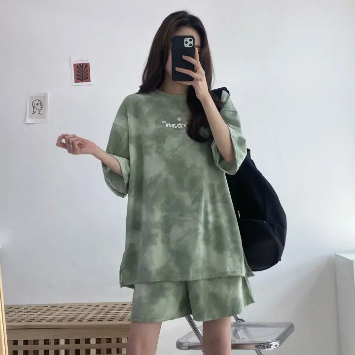 Women Loose T-Shirt Shorts Suit Set Casual Tie Dye