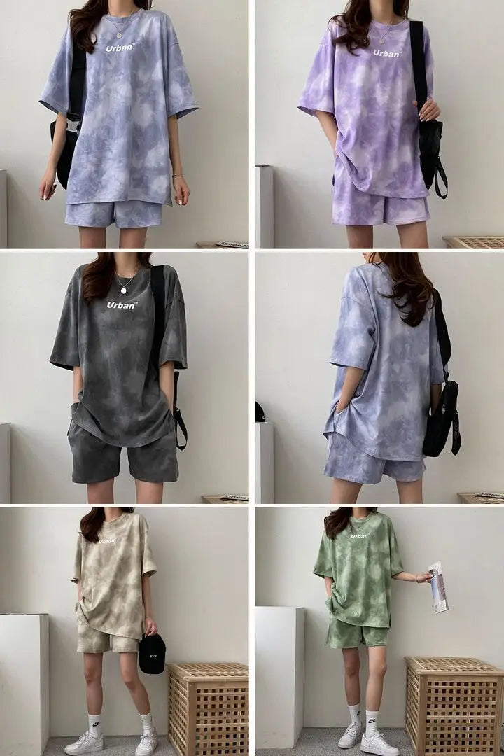 Women Loose T-Shirt Shorts Suit Set Casual Tie Dye