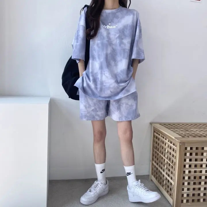 Women Loose T-Shirt Shorts Suit Set Casual Tie Dye
