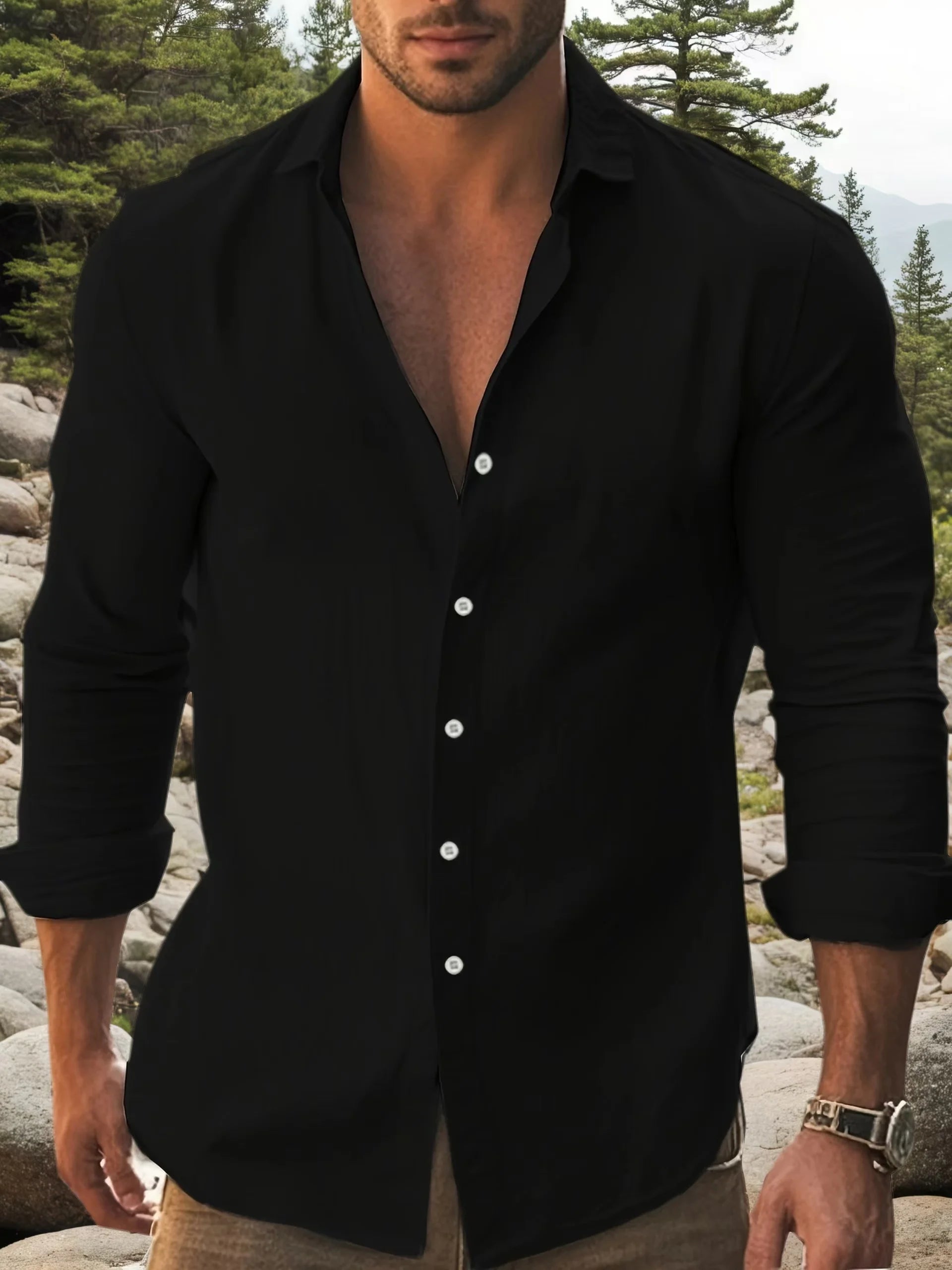 Mens Solid Cotton Long Sleeve Shirt