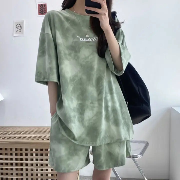 Women Loose T-Shirt Shorts Suit Set Casual Tie Dye