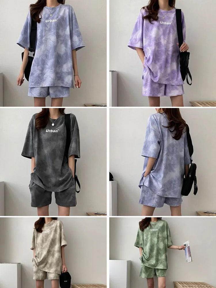 Women Loose T-Shirt Shorts Suit Set Casual Tie Dye