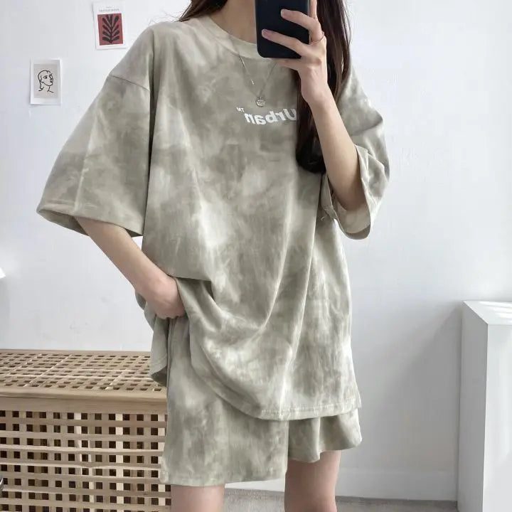Women Loose T-Shirt Shorts Suit Set Casual Tie Dye