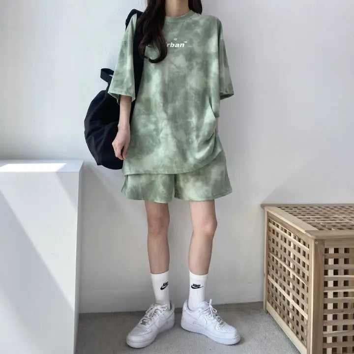 Women Loose T-Shirt Shorts Suit Set Casual Tie Dye