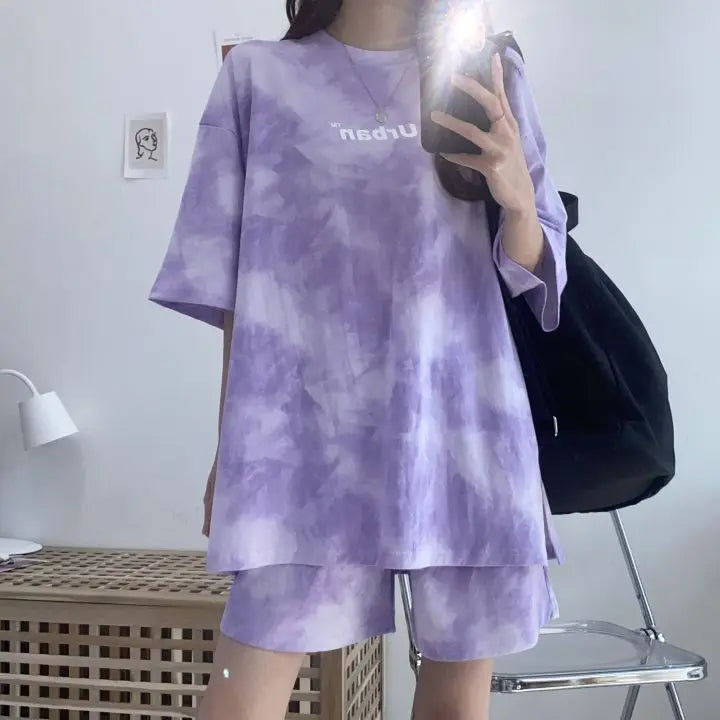 Women Loose T-Shirt Shorts Suit Set Casual Tie Dye