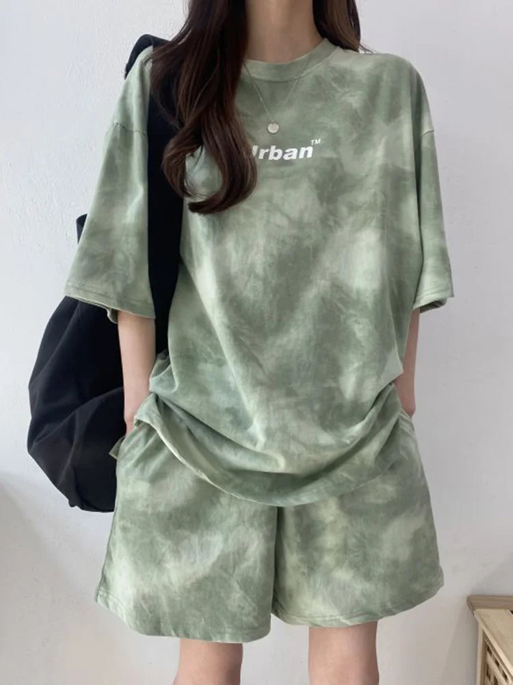 Women Loose T-Shirt Shorts Suit Set Casual Tie Dye