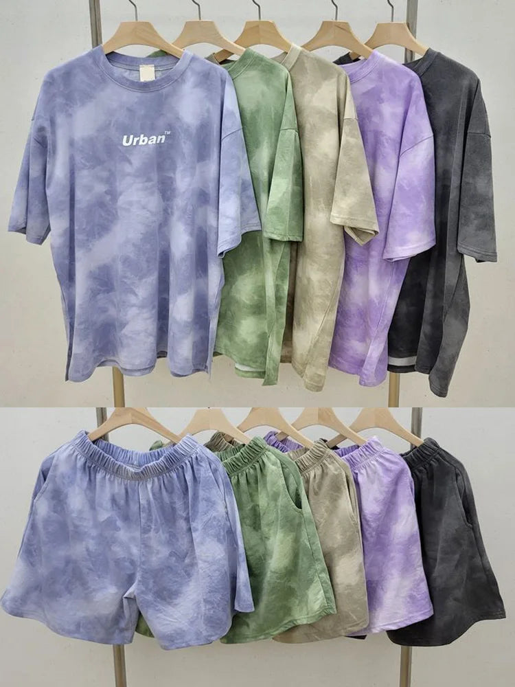Women Loose T-Shirt Shorts Suit Set Casual Tie Dye