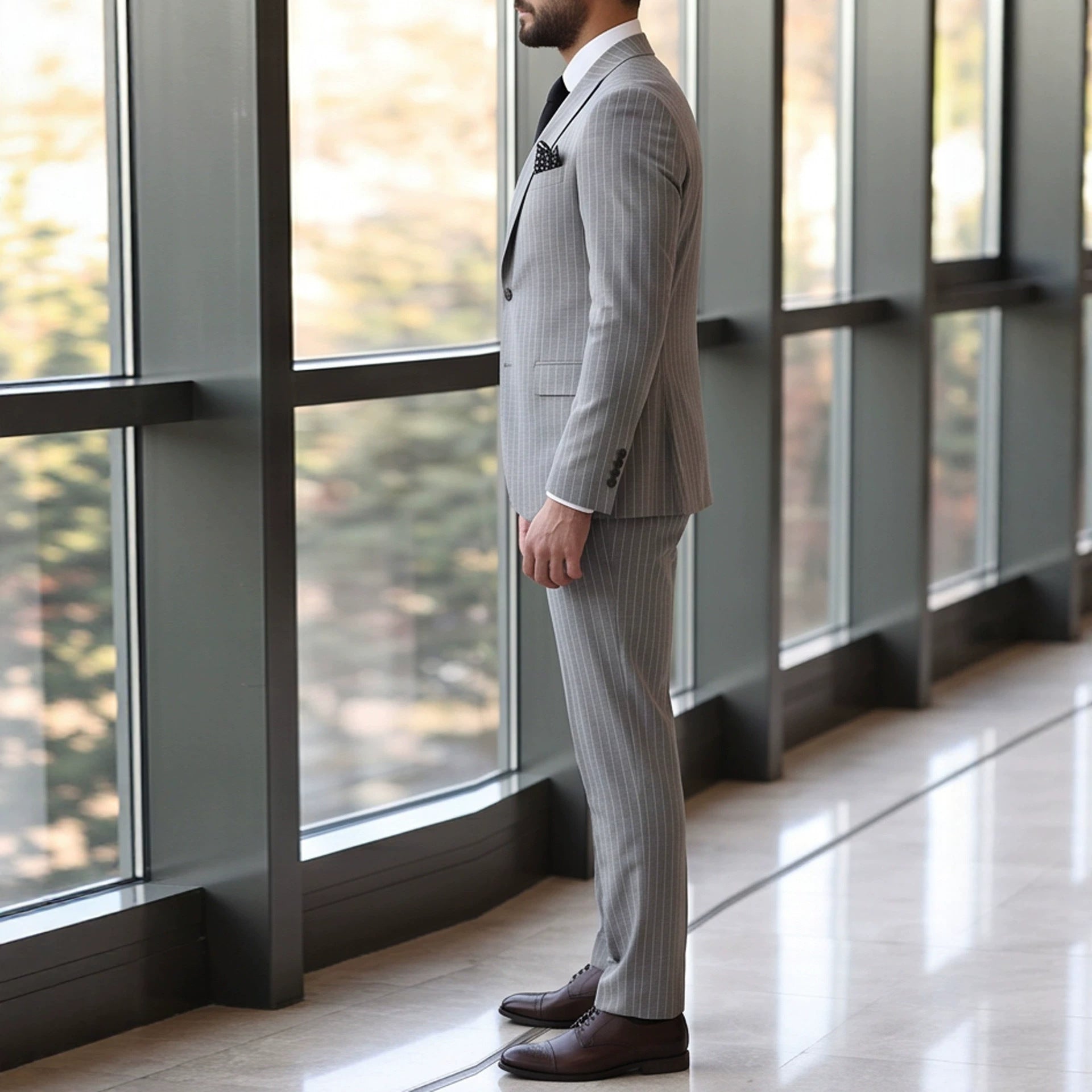 Mens Striped Business Suit Set - Gray detail