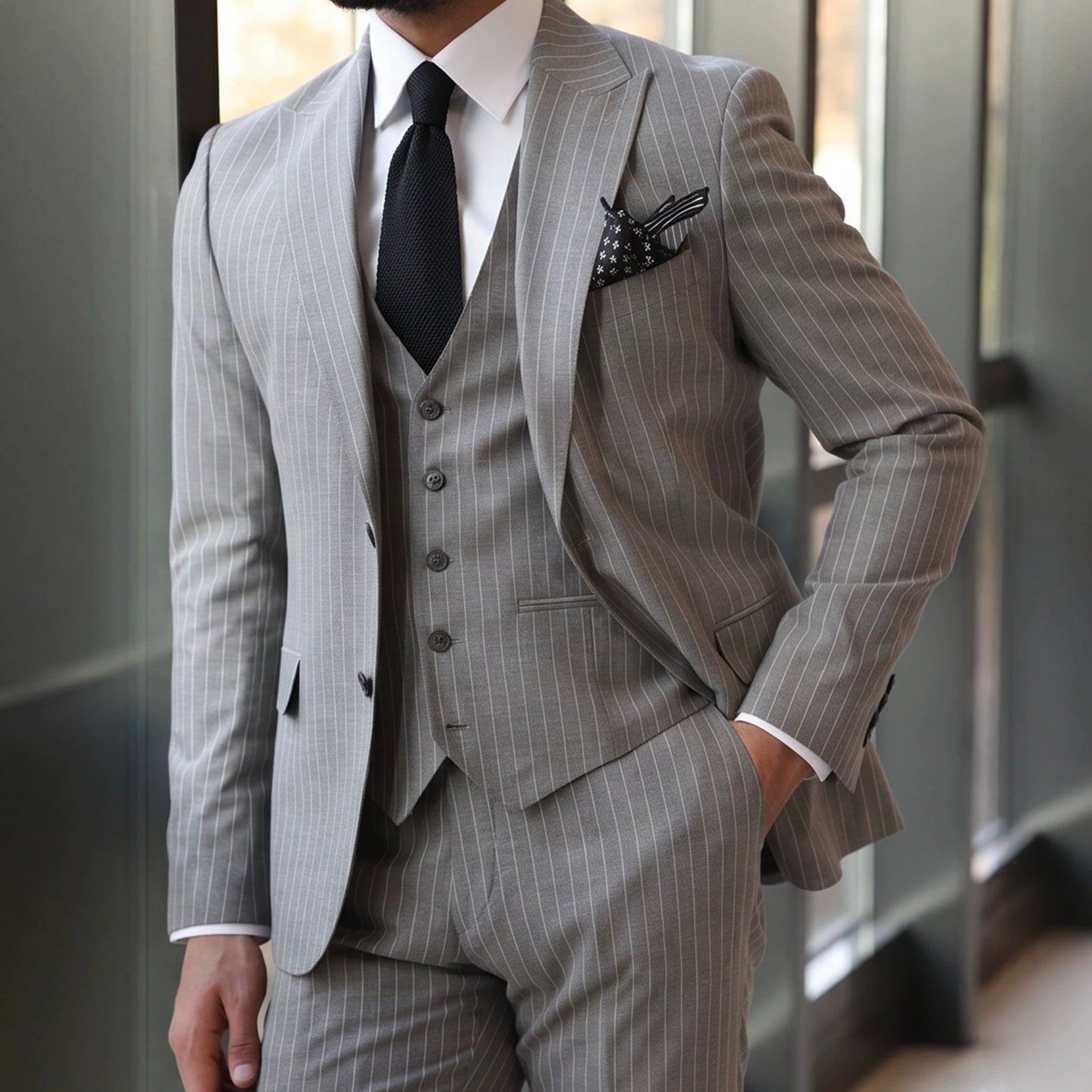 Mens Striped Business Suit Set - Gray