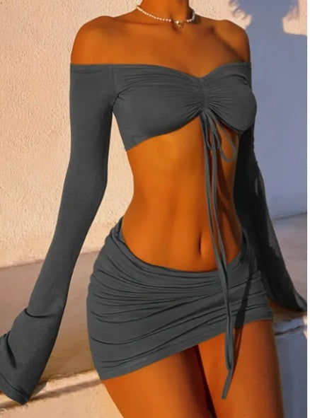 Drawstring Ruched Off Shoulder Y2K Two Piece Skirt Set for Women