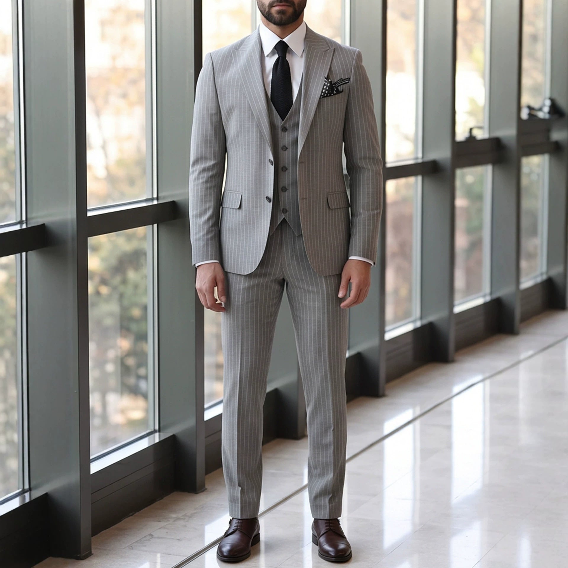 Mens Striped Business Suit Set - Gray detail
